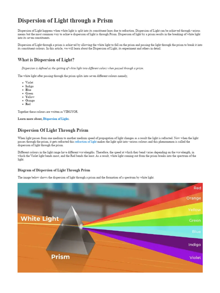 Dispersion of Light Through A Prism | PDF | Light | Dispersion (Optics)