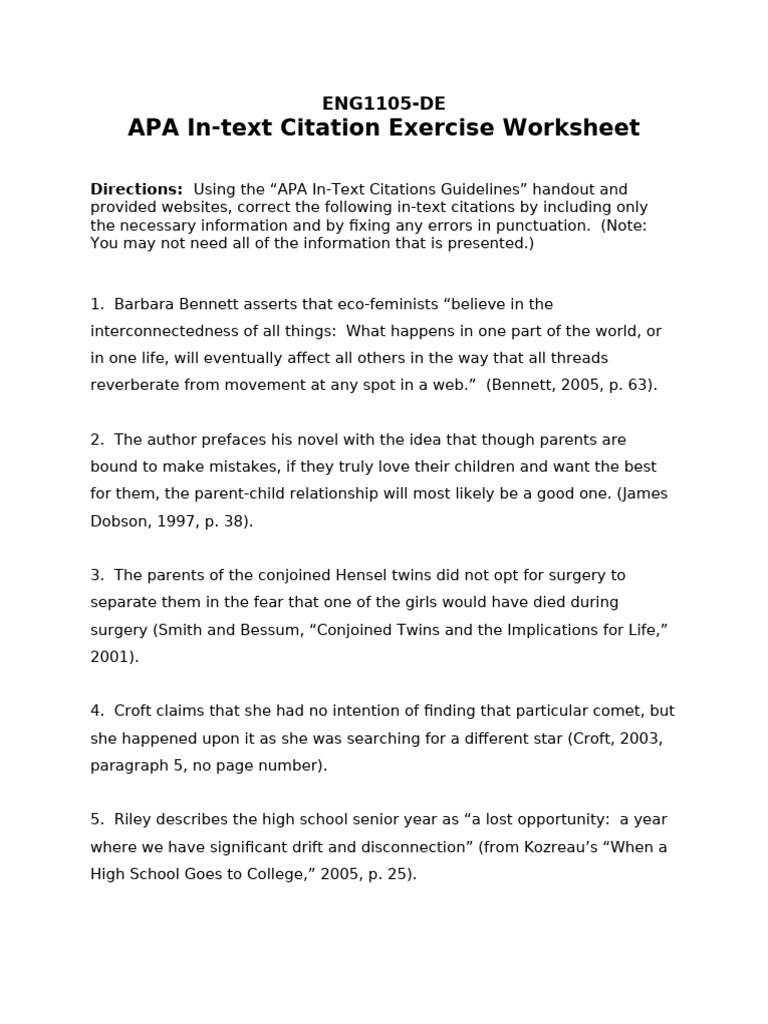 APA in-Text Citation Exercise Worksheet (1) | PDF
