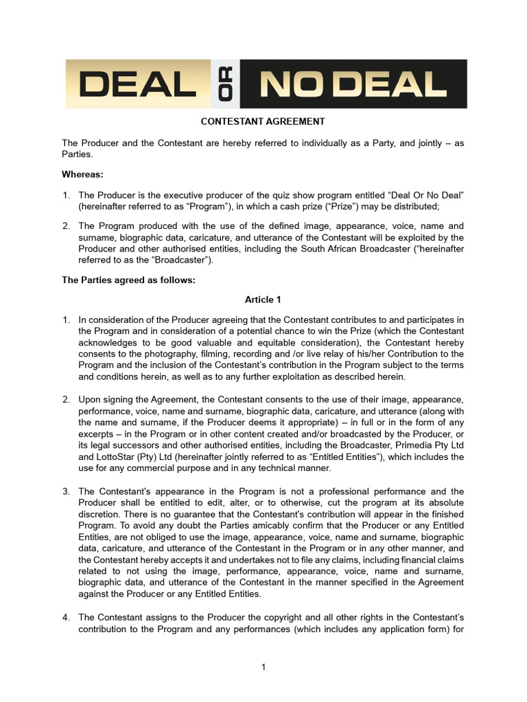 Contestant Agreement | PDF | Discovery (Law) | Copyright