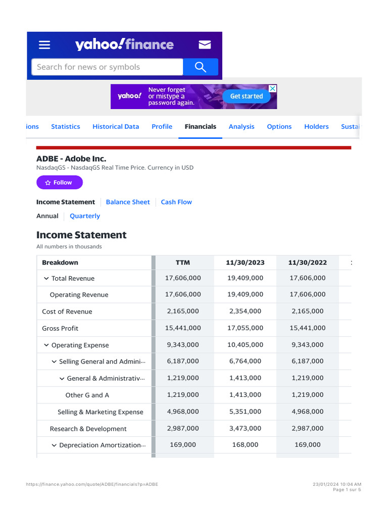Adobe Inc. (ADBE) Income Statement - Yahoo Finance | PDF | Expense ...