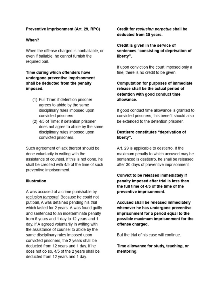 Preventive Imprisonment Under Art. 29 RPC | PDF | Sentence (Law) | Bail