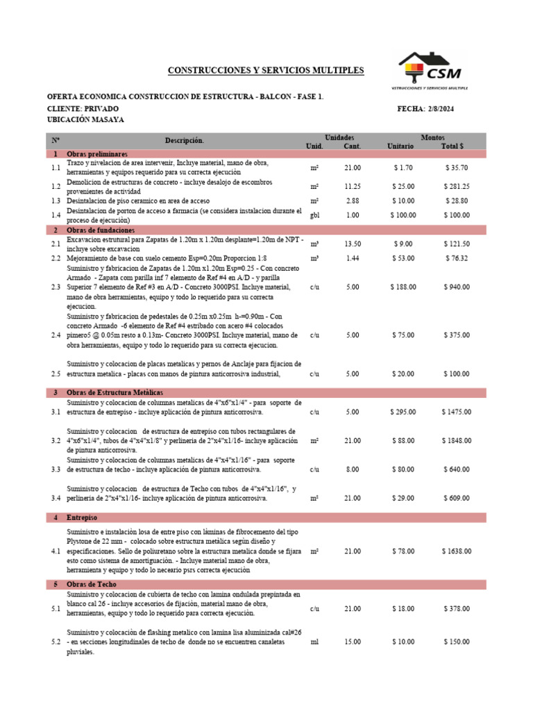 Oferta Economica - Construccion 21 M de Balcon | PDF | Ingeniero civil ...