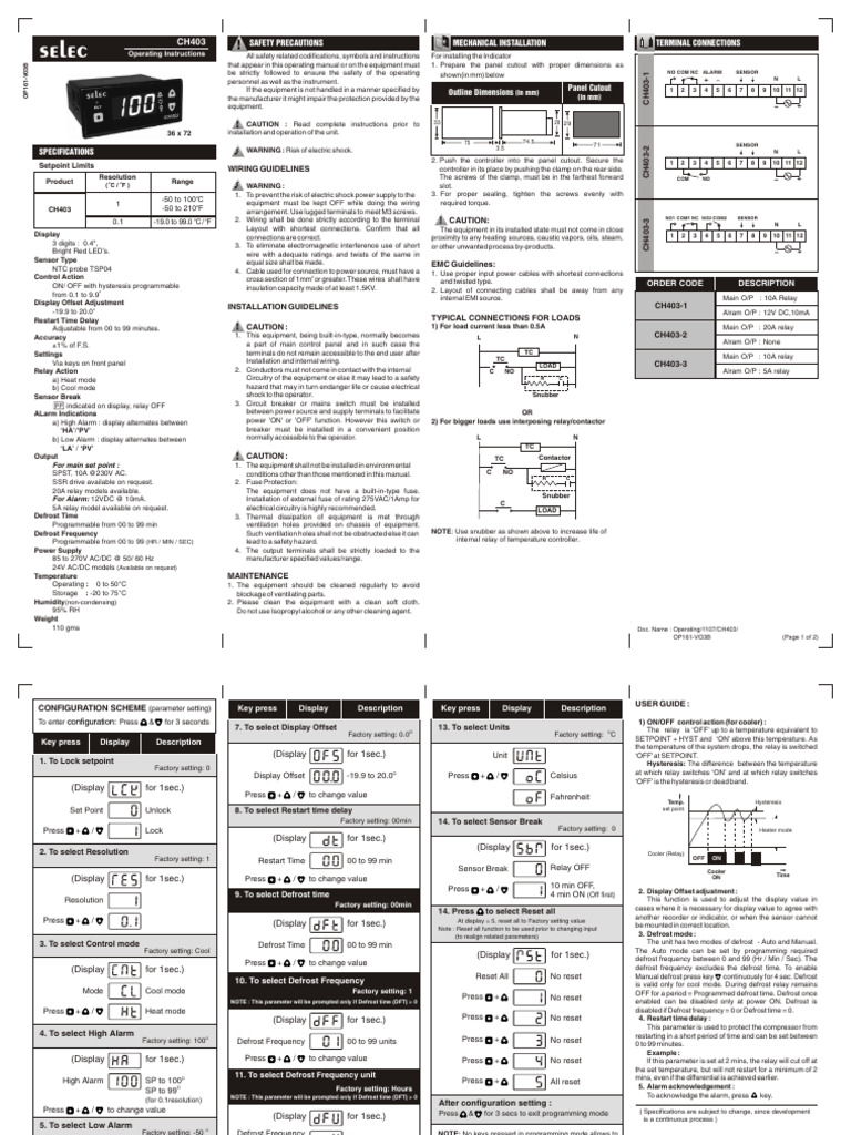 Selec CH403 Temperature Controller Manual | PDF | Relay | Fuse (Electrical)