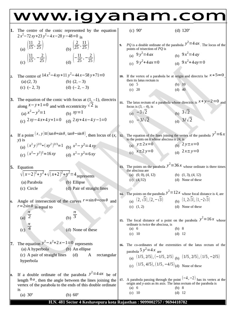 Conic Sections: Equations and Properties | PDF | Classical Geometry ...