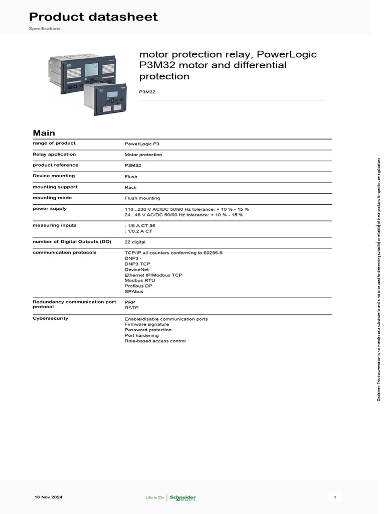 PowerLogic P3M32 Motor Protection Relay | PDF | Relay | Power Supply
