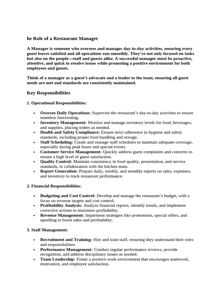 Role of A Outlet Manager | PDF | Restaurants | Cost Accounting