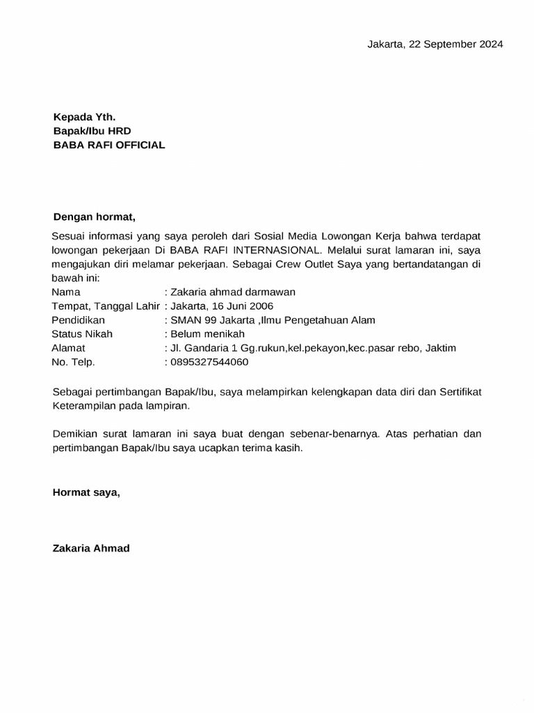 Surat Lamaran Baba Rafi | PDF
