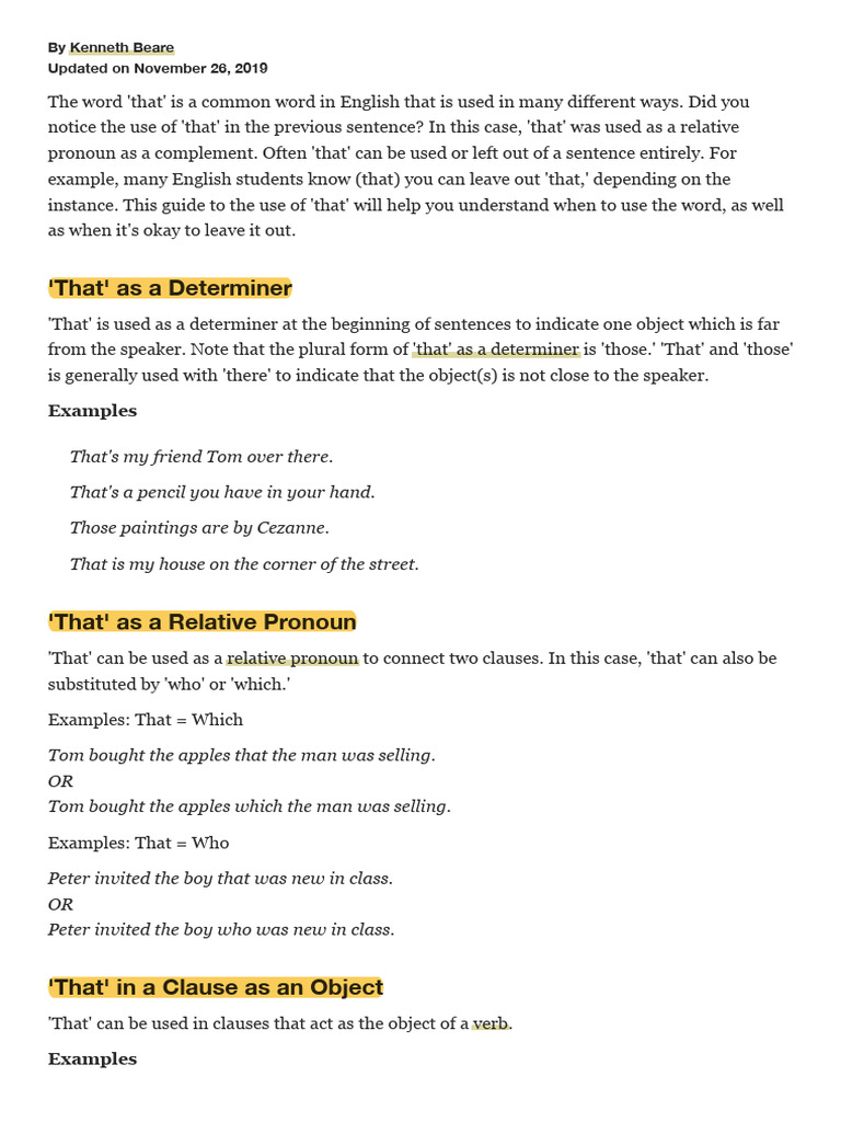 Understanding the Word 'That' | PDF | Subject (Grammar) | Pronoun