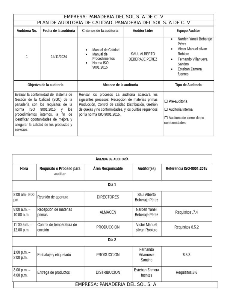 Plan de Auditoría de Calidad ISO 9001 | PDF | Auditoría | Procesos de ...