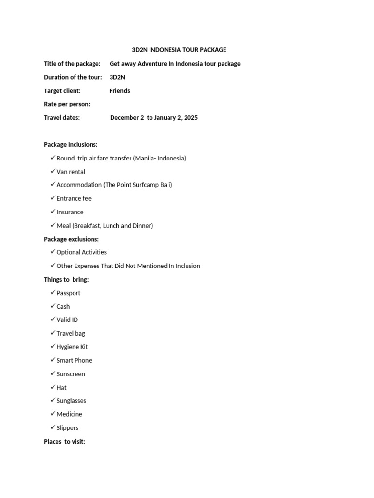 tour package | PDF | Bali | Meal