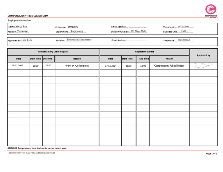 Compensatory Time Claim Form 2024 | PDF | Finance & Money Management