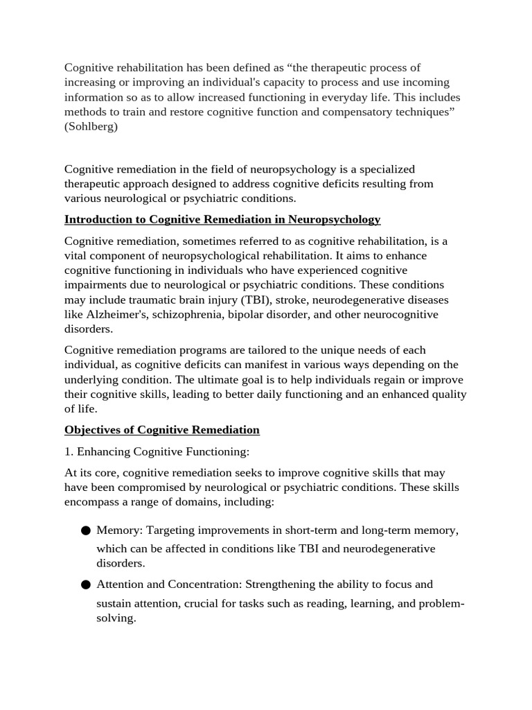 Cognitive Remediation in Neuropsychology | PDF | Mental Disorder ...