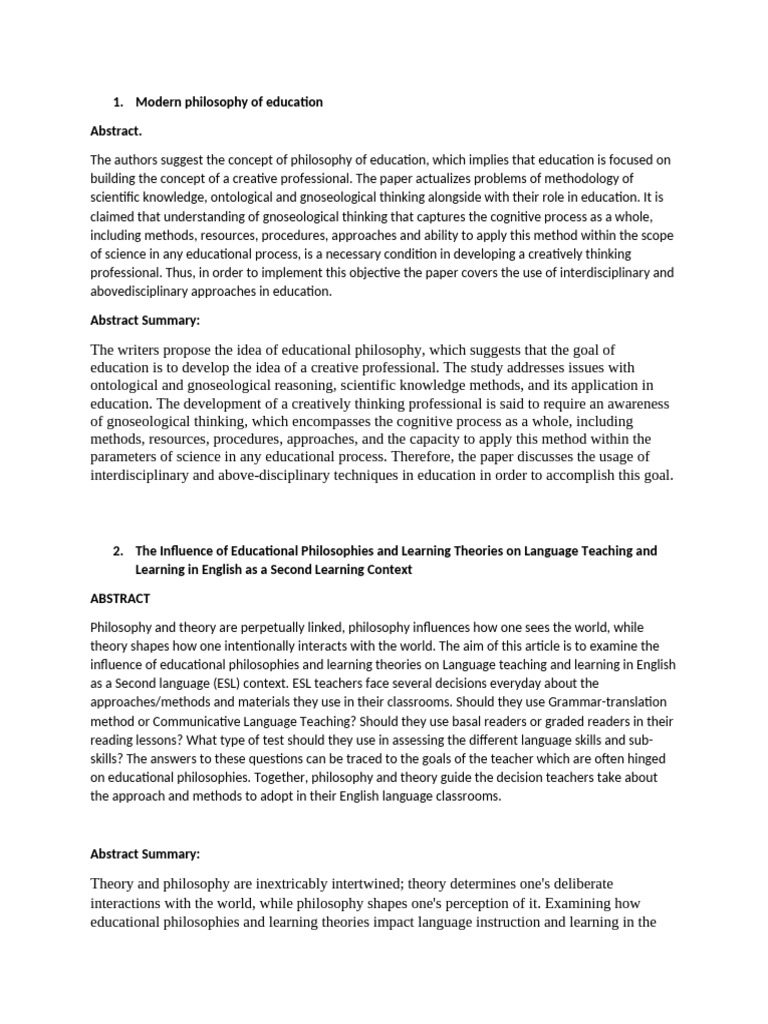 Modern Education Philosophy Insights | PDF | Philosophy Of Education ...