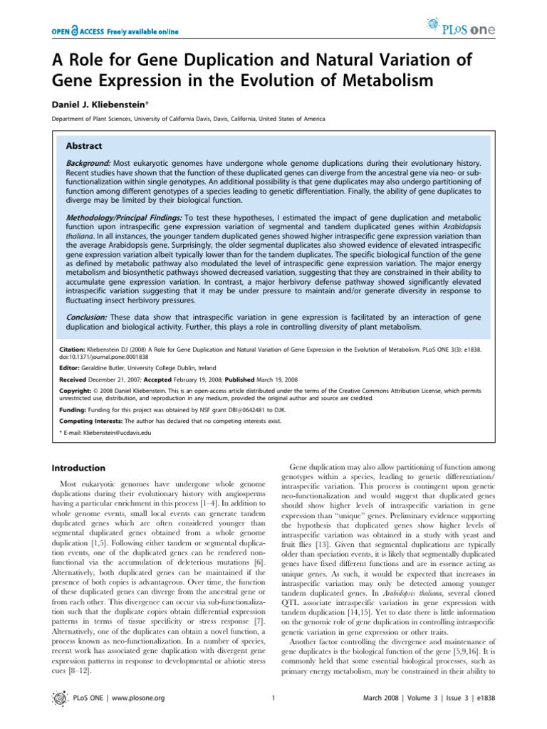 Reading 3 - A Role For Gene Duplication and Natural Variation of Gene ...