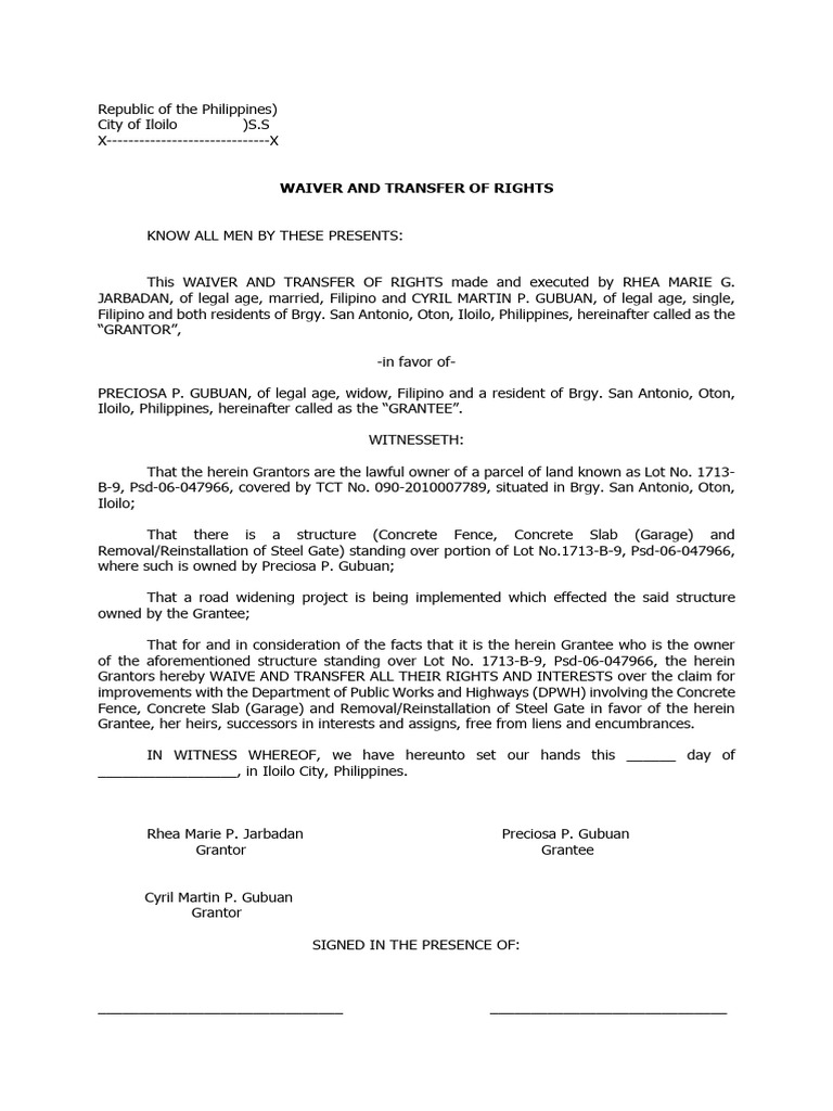 Waiver and Transfer of Rights Document | PDF | Legal Documents | Land Law