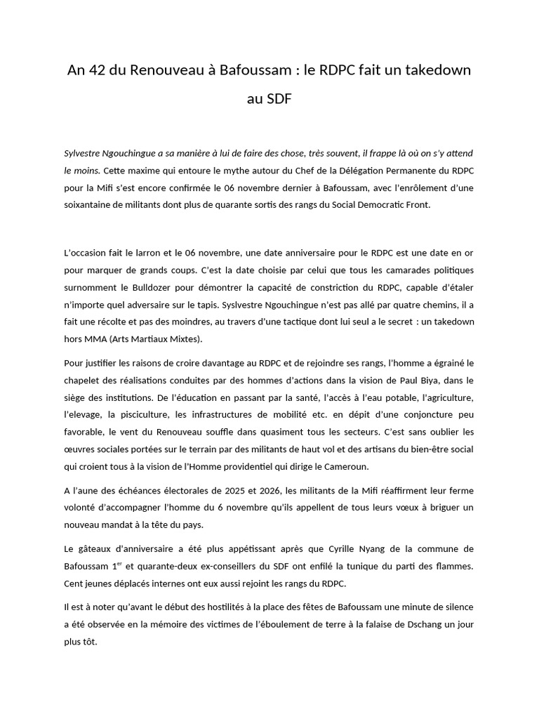 RDPC renforce ses rangs à Bafoussam | PDF | Politique