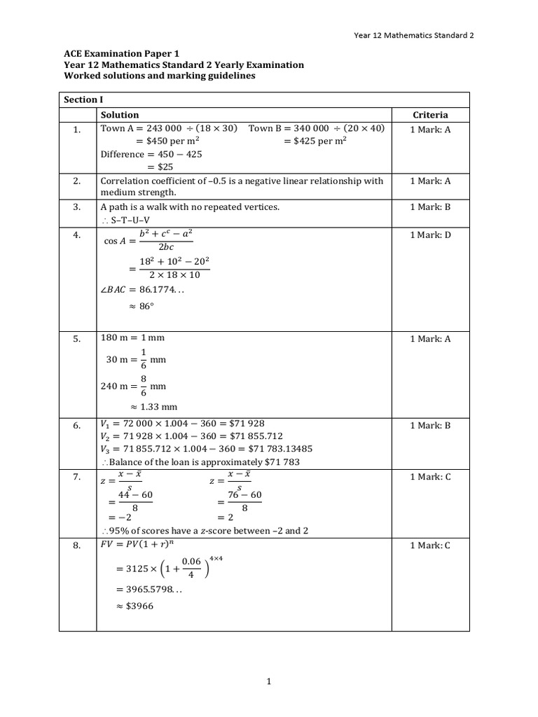 HSC Standard Math ACE Practice Paper 1 Solutions | PDF | Graph Theory ...