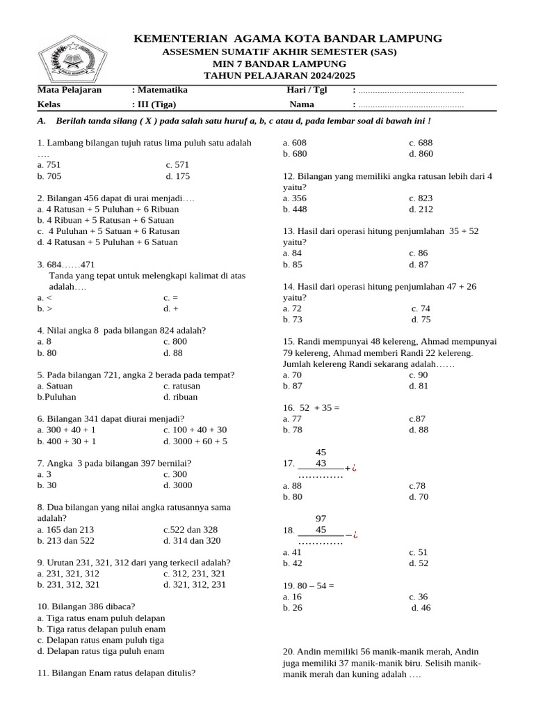 Soal Matematika Kelas 3 Semester 2 | PDF | Metode & Bahan Ajar