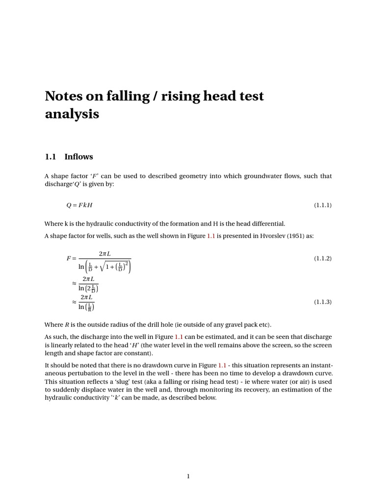 Hvorslev Equation in Head Tests | PDF | Discharge (Hydrology)
