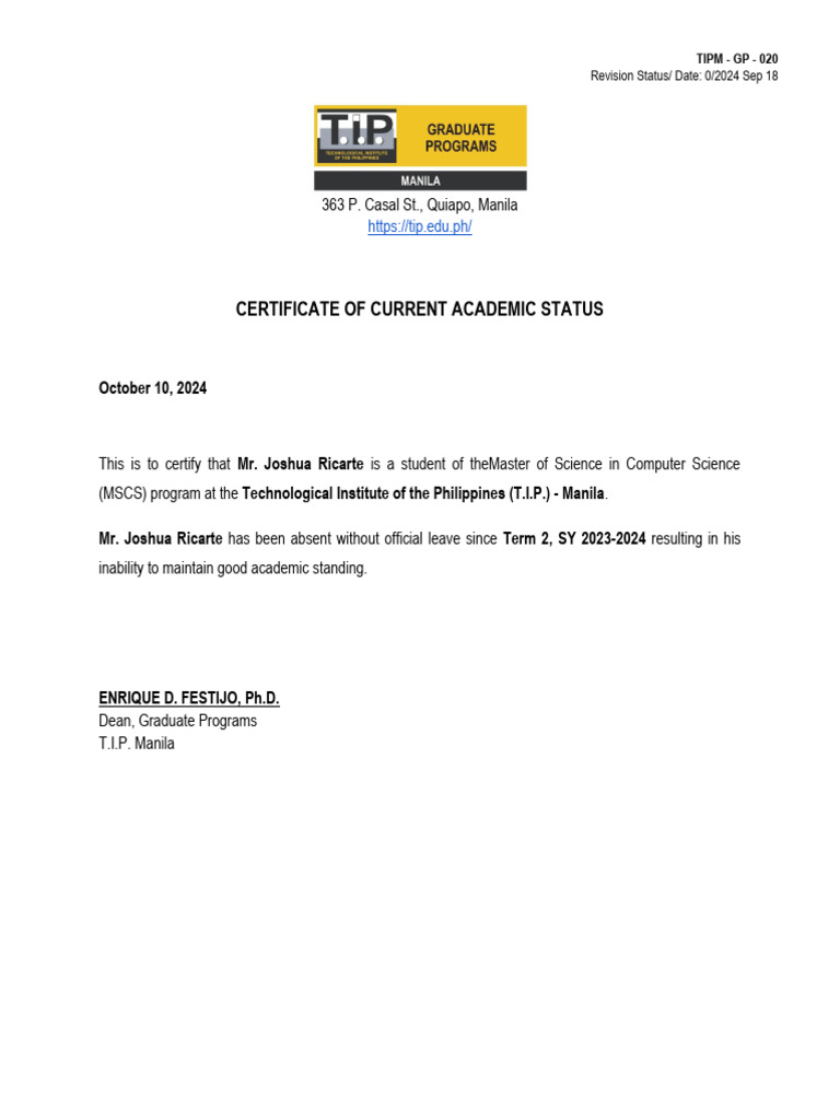 Tipm gp 020 certificate of current academic status ricarte pdf