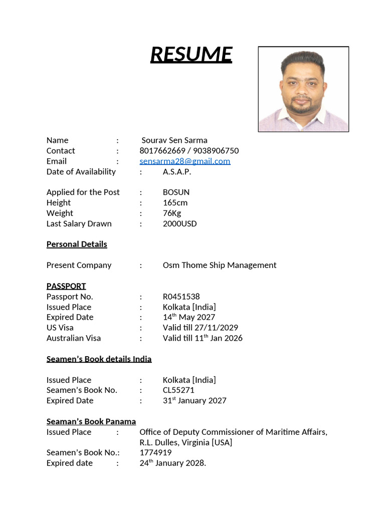 Copy of Copy of Copy of RESUME - Sourav Sen Sarma | PDF | Ships | Water ...