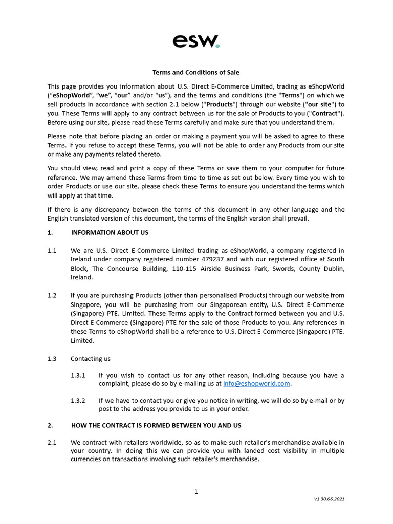 eShopWorld Sales Terms & Conditions | PDF | Legal Liability | Indemnity