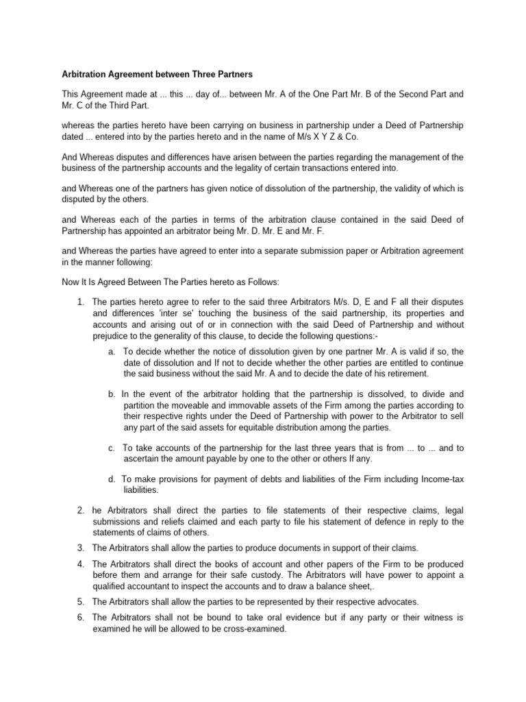 Partnership Arbitration Agreement | PDF | Arbitral Tribunal | Arbitration