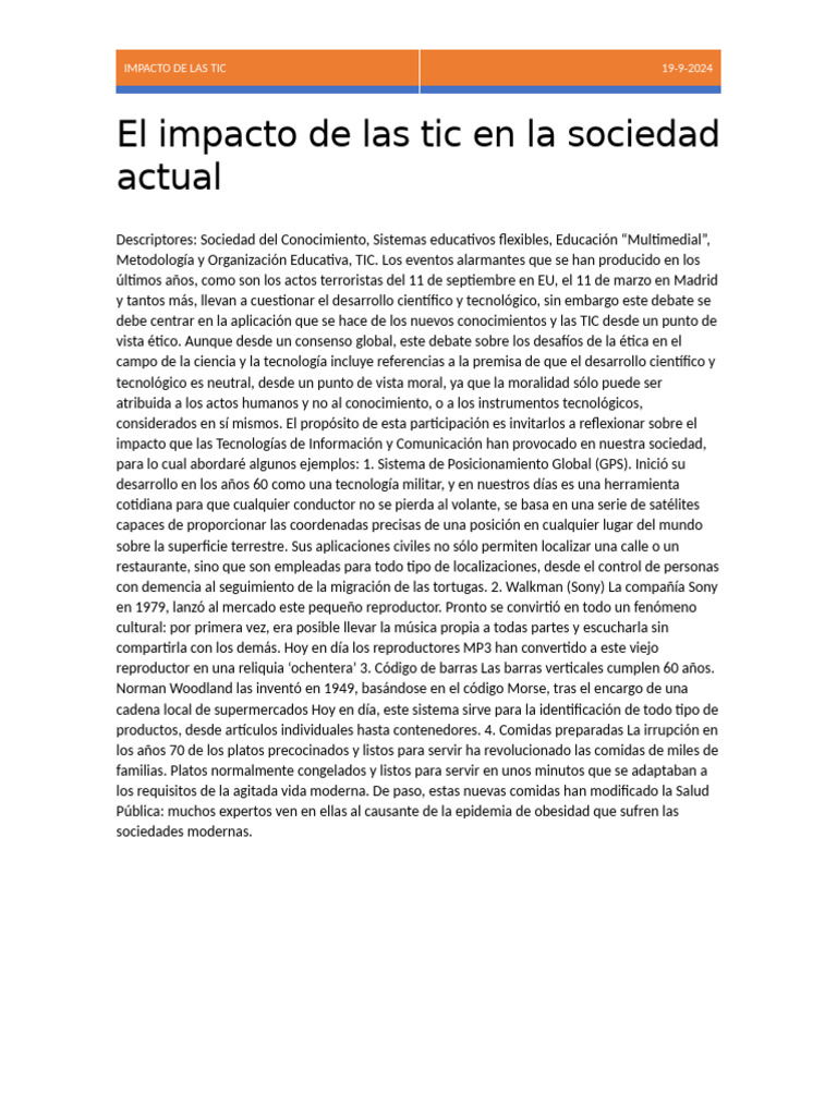 Impacto de las TIC en la Sociedad Actual | PDF | Tecnología de ...