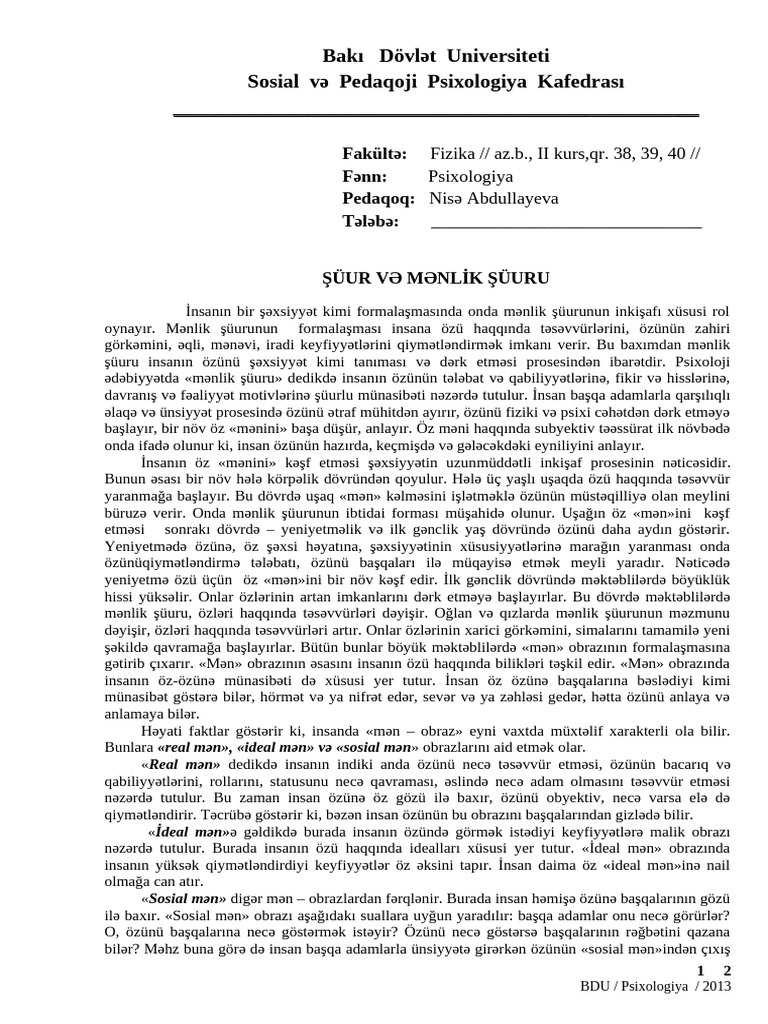 Shuur Ve Menlik Shuuru | PDF