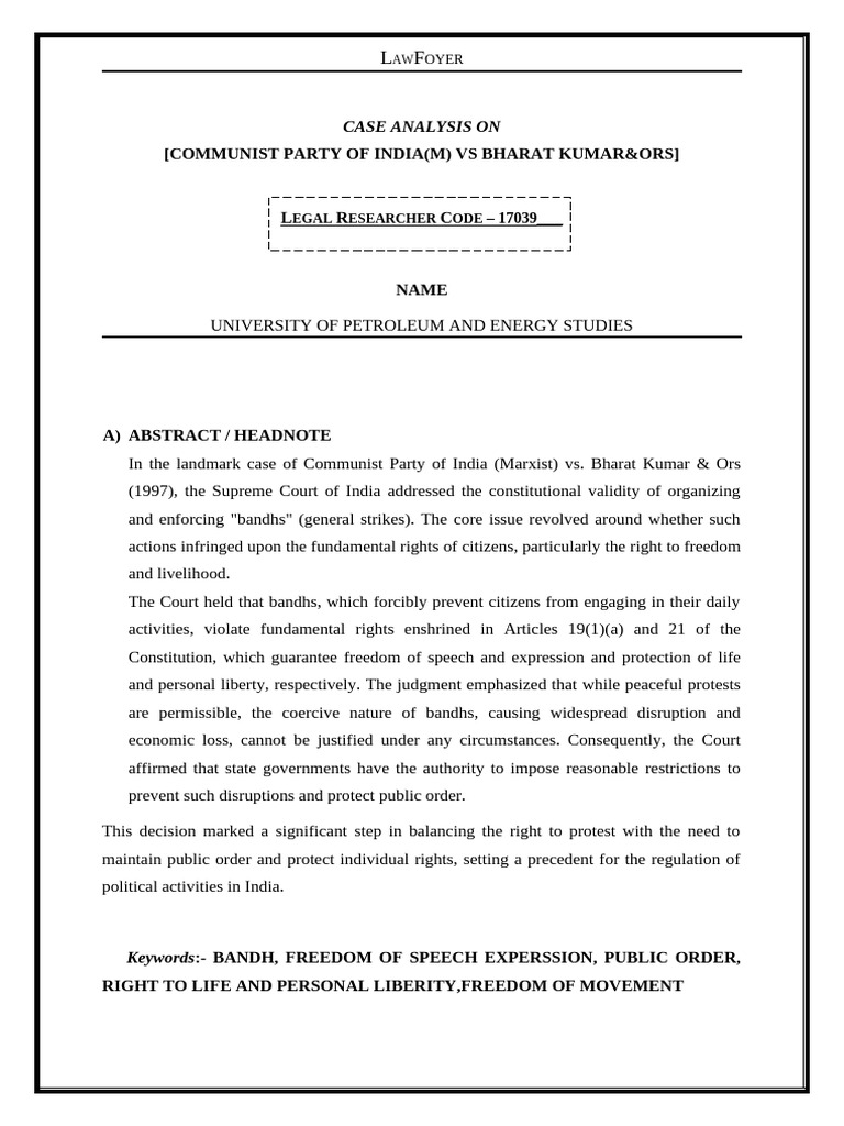 Case Analysis Template | PDF | Judgment (Law) | Supreme Court Of India