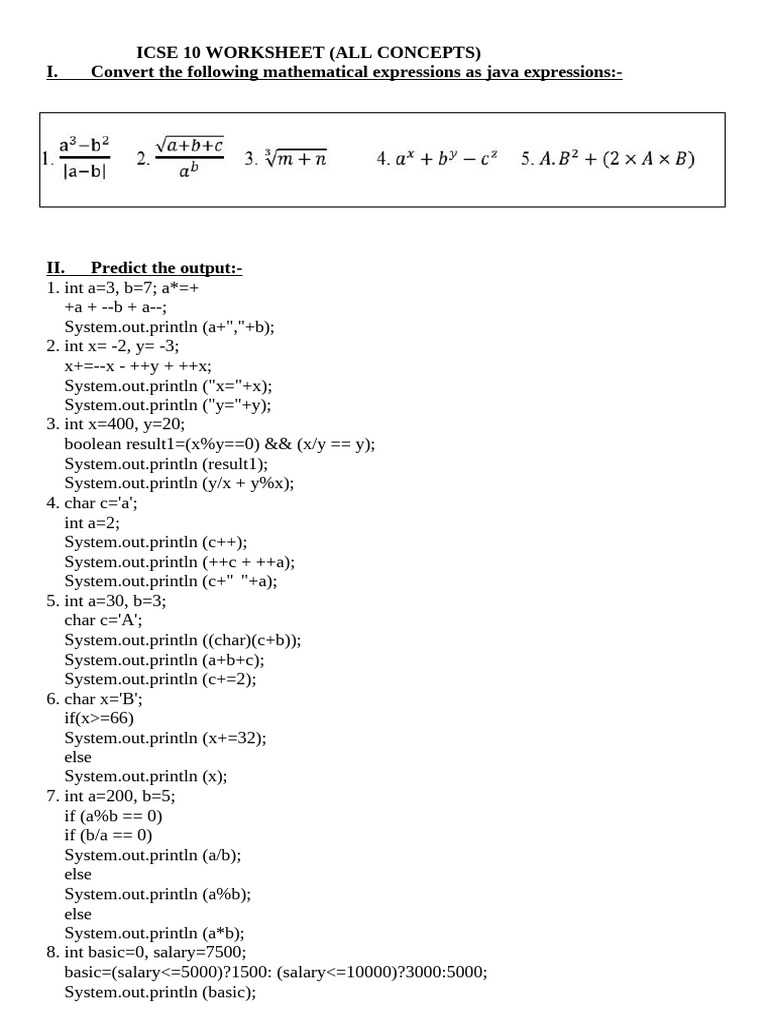 ICSE 10 Java Expressions and Loops Worksheet | PDF | Parameter ...