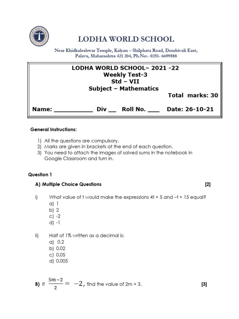 Class 7 Weekly Math Test Paper | PDF | Ratio | Elementary Mathematics