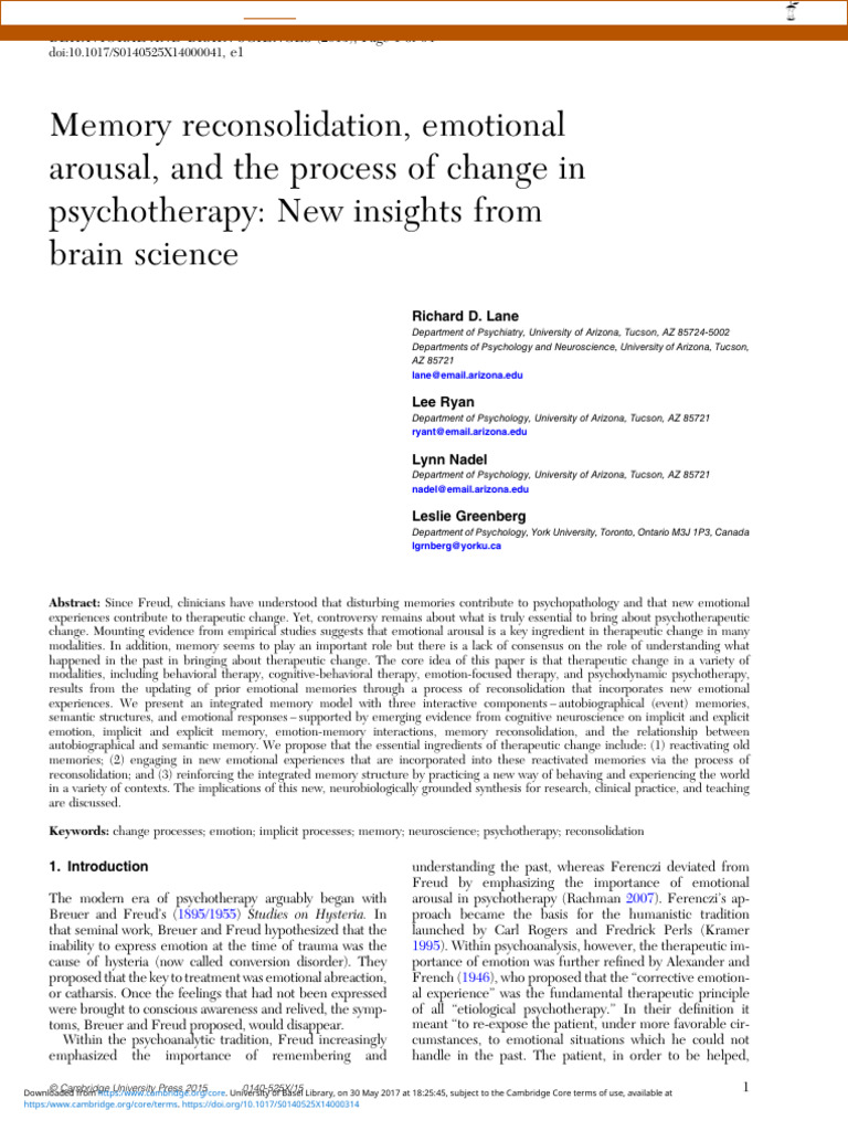 Memory Reconsolidation in Psychotherapy | PDF | Psychotherapy | Emotions
