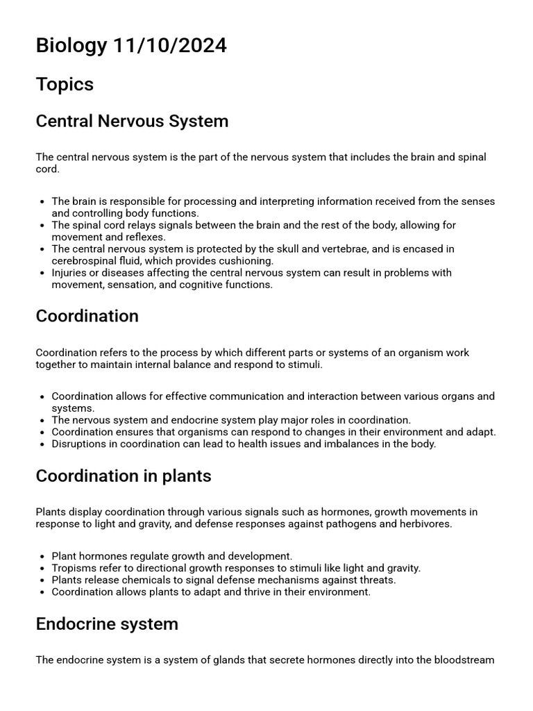 Central Nervous System and Coordination | PDF | Nervous System | Neuron