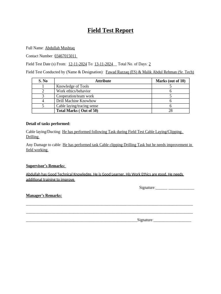 Field Test Evaluation of Technician Abdullah | PDF | Technology ...