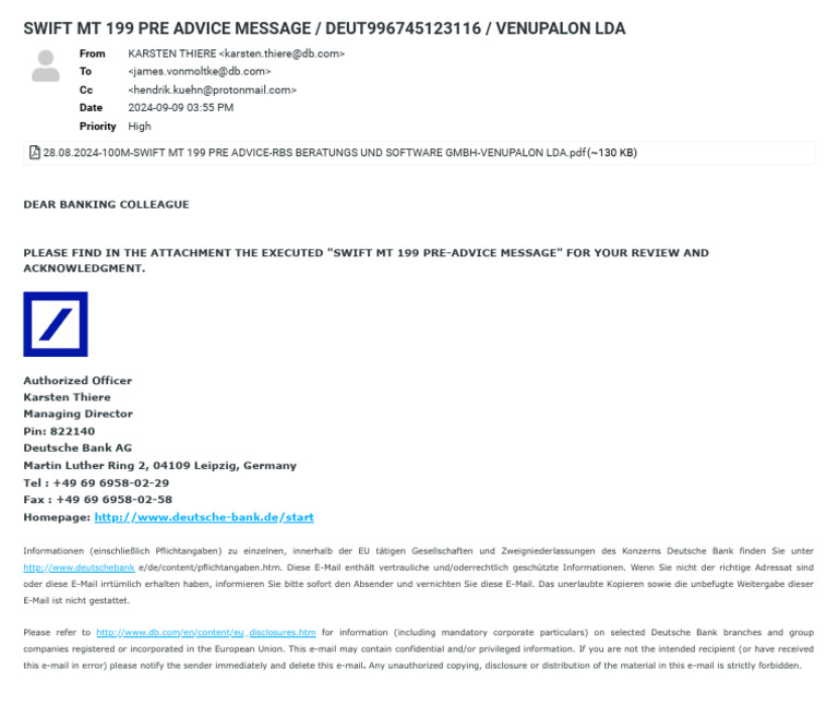 Sent - Swift MT 199 Pre Advice Message - Deut996745123116 - Venupalon ...