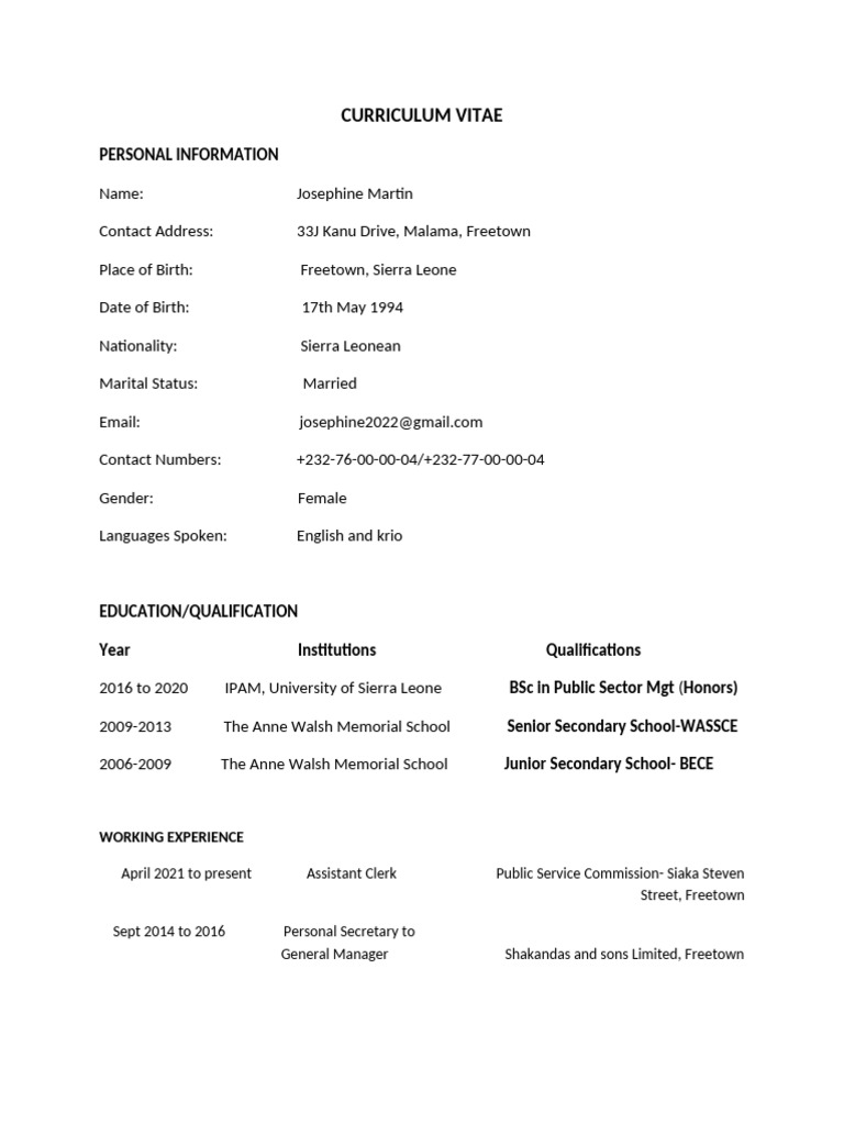Josephine Martin's CV and Qualifications | PDF