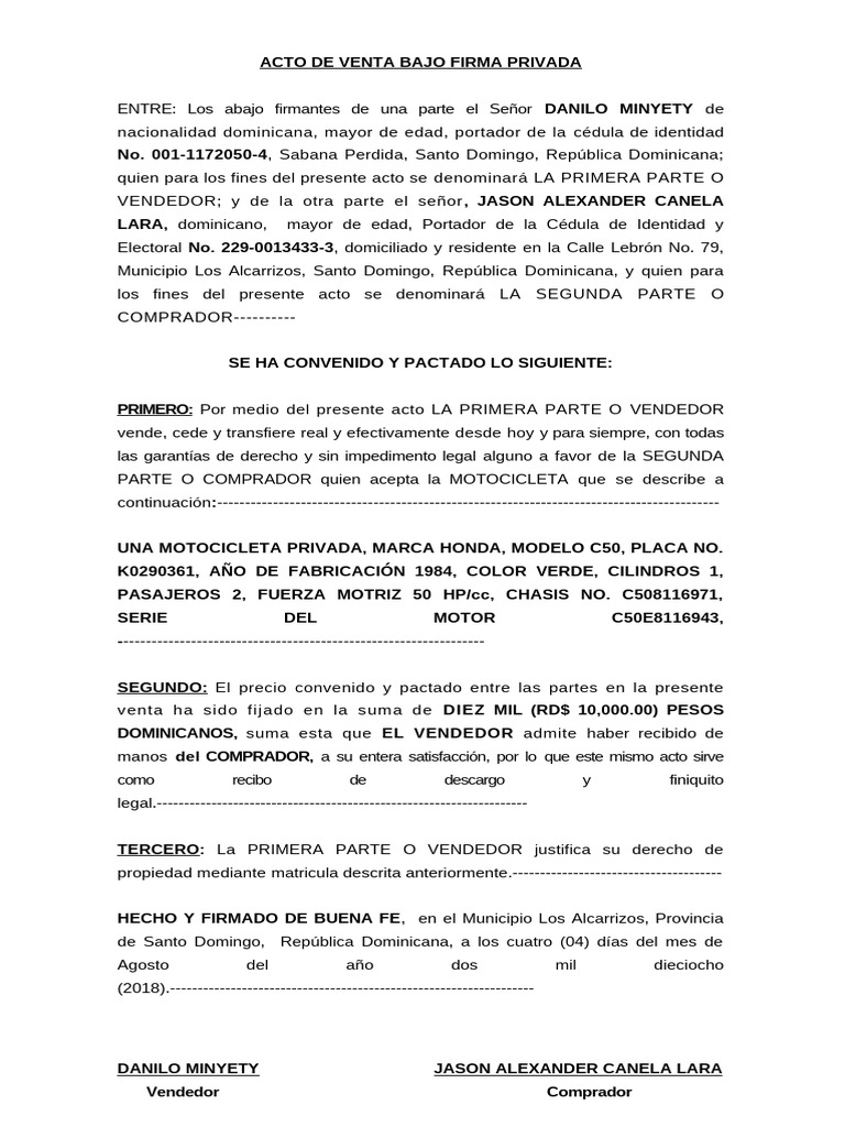Acto de Venta de Motocicleta Honda | PDF | República Dominicana ...