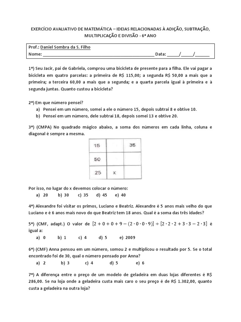 Exercícios de Matemática: 6º Ano | PDF | Ensino de Matemática