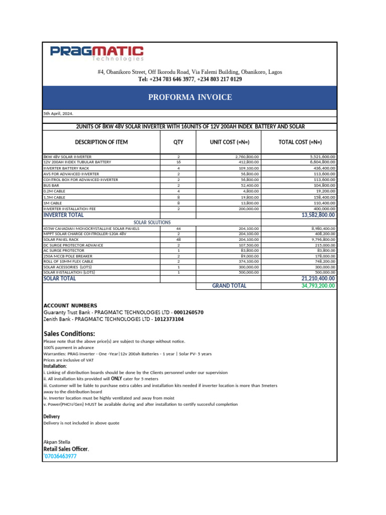 Proforma Invoice for 8KW Solar Inverters | PDF | Solar Panel | Energy ...