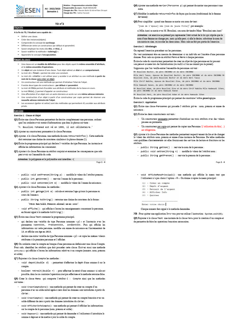 TD Programmation Orientée Objet 2022/2023 | PDF | Programmation ...