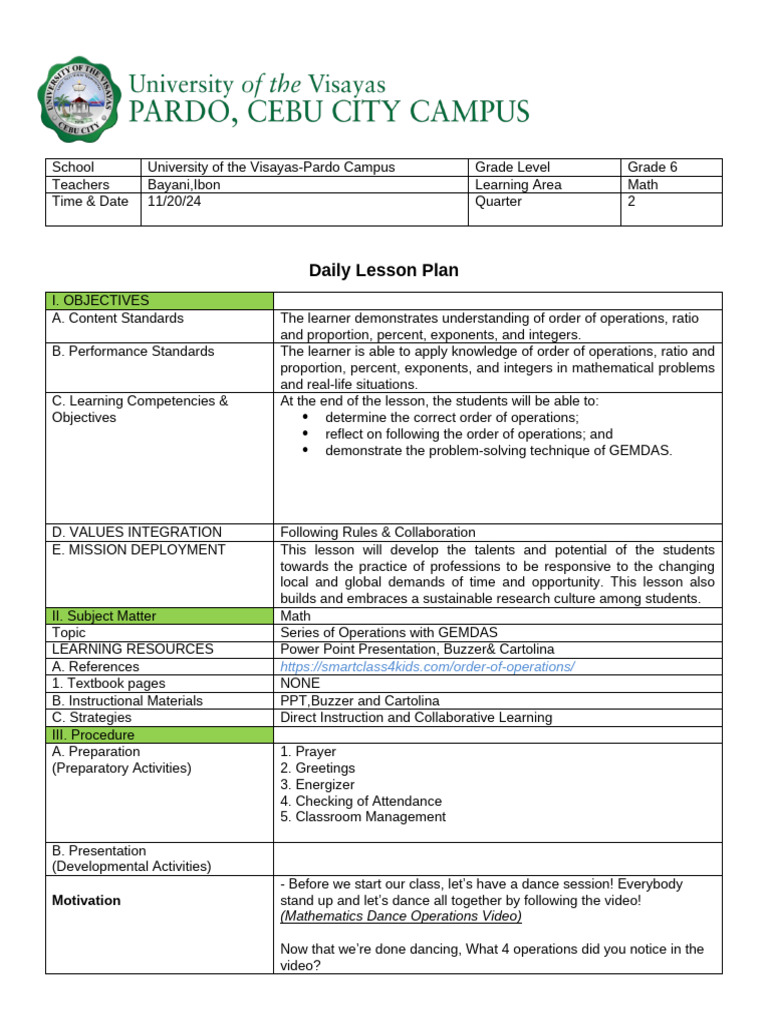 GEMDAS Order of Operations Lesson Plan | PDF | Learning | Mathematics