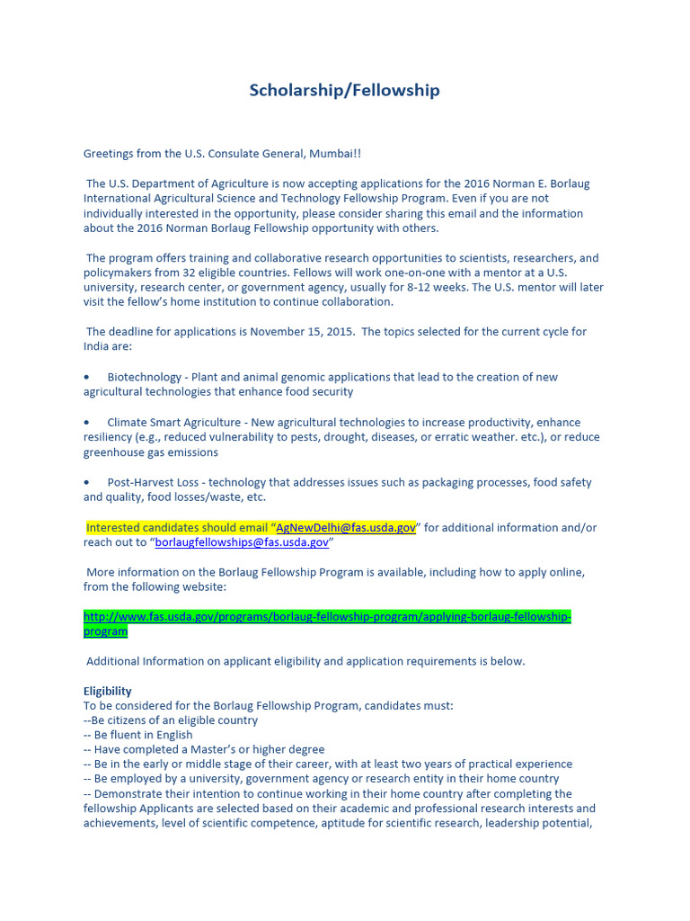 Borlaug Fellowship Program-2016 | PDF | Agriculture | Natural Environment