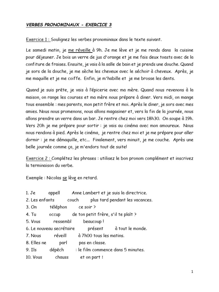 Exercices sur les verbes pronominaux | PDF | Arts du langage et discipline