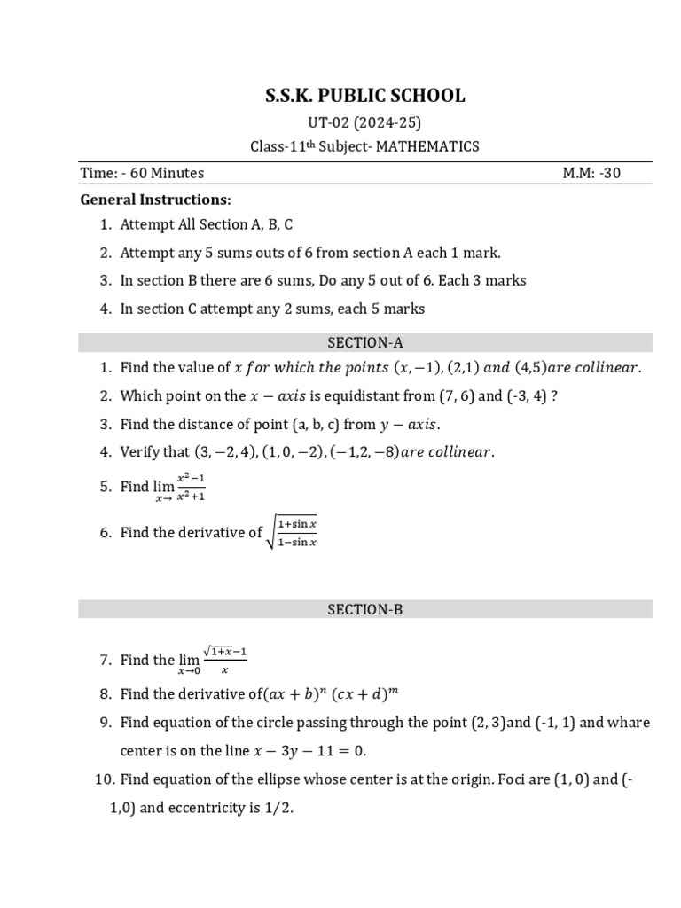 Class 11 Mathematics Exam Paper 2024-25 | PDF | Teaching Methods ...