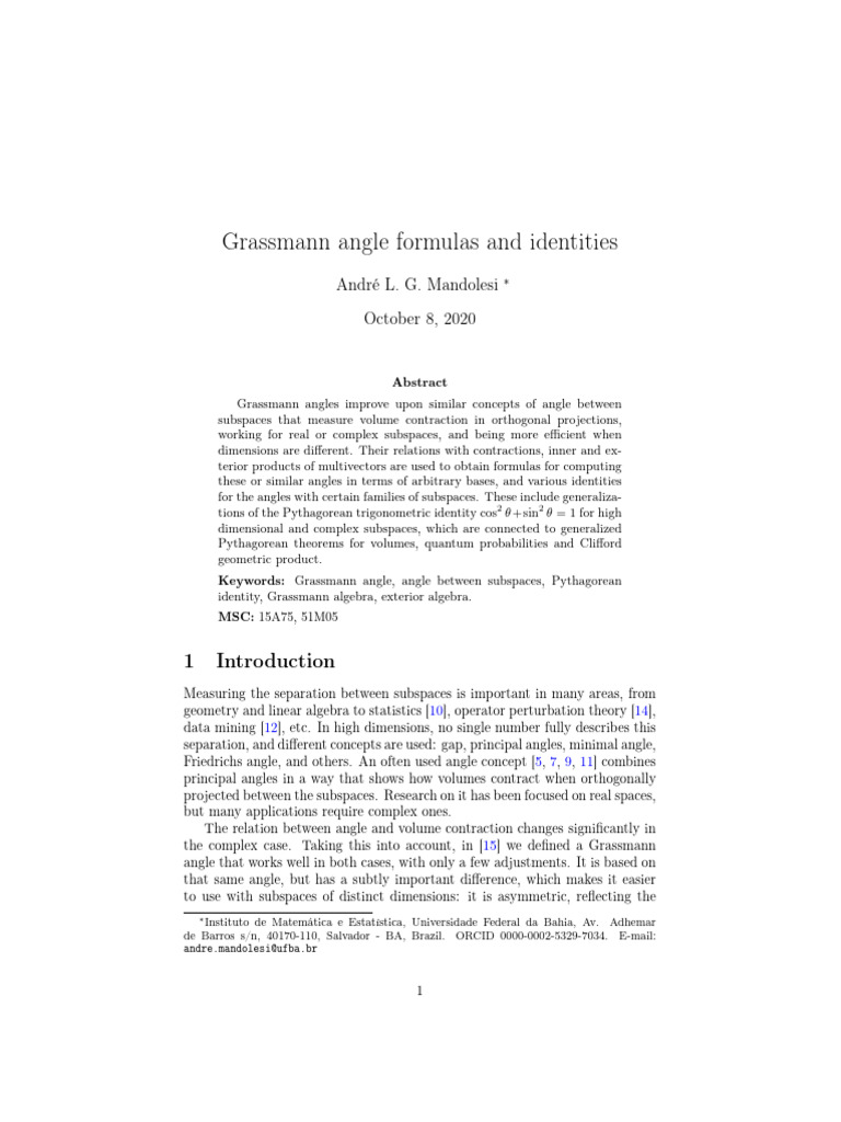 Grassmann Angle Formulas and Identities | PDF | Linear Subspace ...