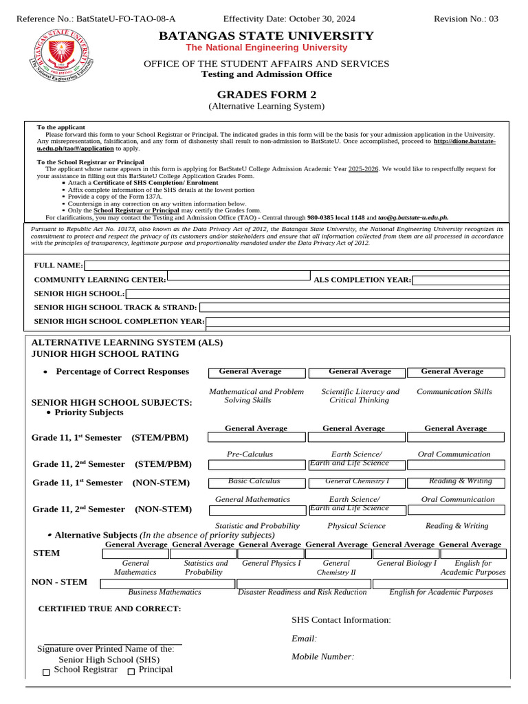 O 08 A Grades Form 2 Alternative Learning System Rev. 0361 | PDF ...