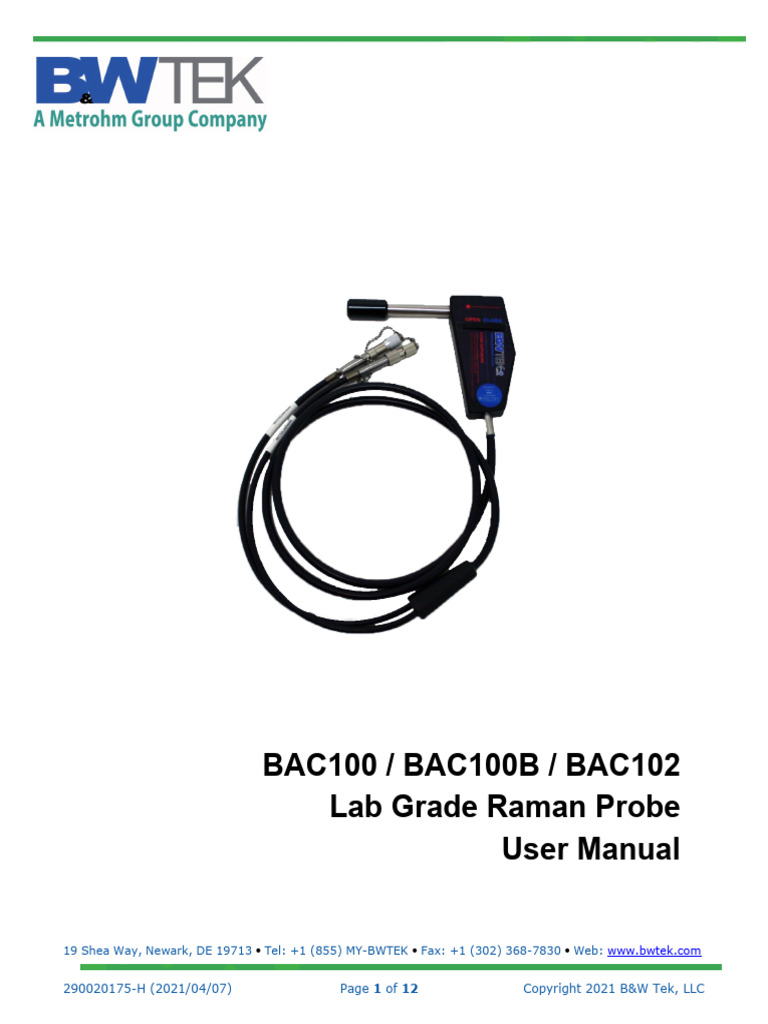 BAC100/BAC102 Raman Probe Manual | PDF | Optical Fiber | Raman Spectroscopy