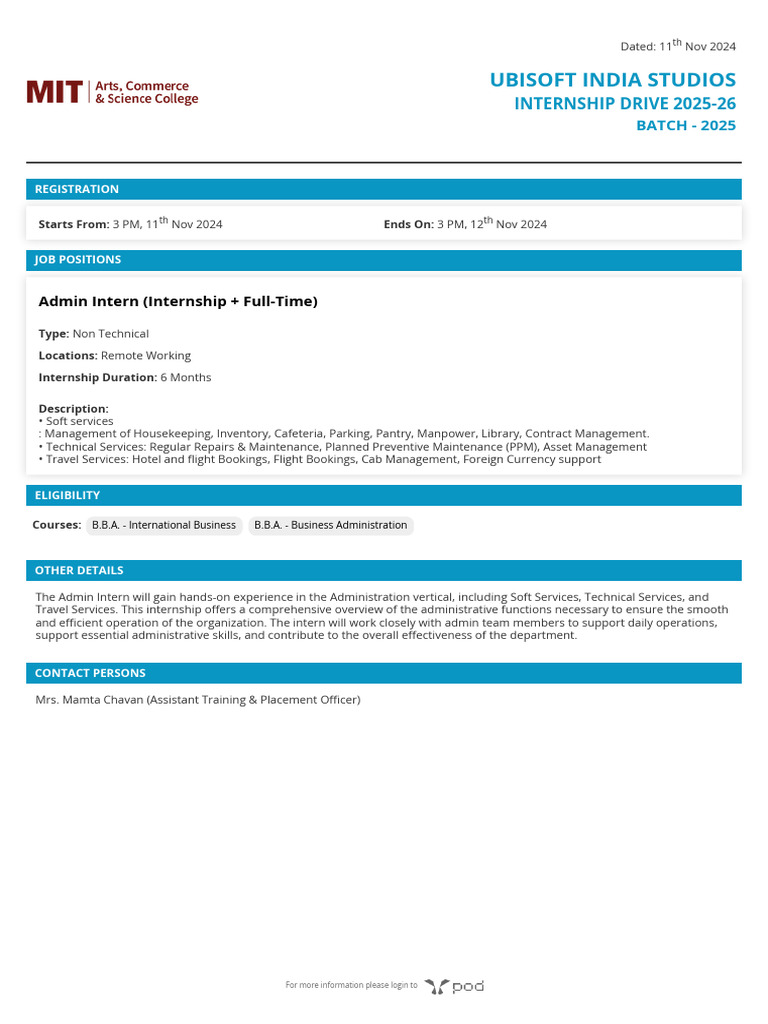 Ubisoft India Admin Internship 2025-26 | PDF