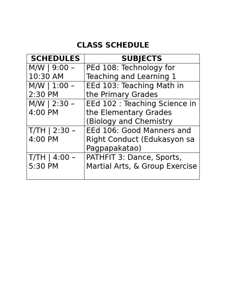 Class Schedule For Beed 3 B Students Pdf
